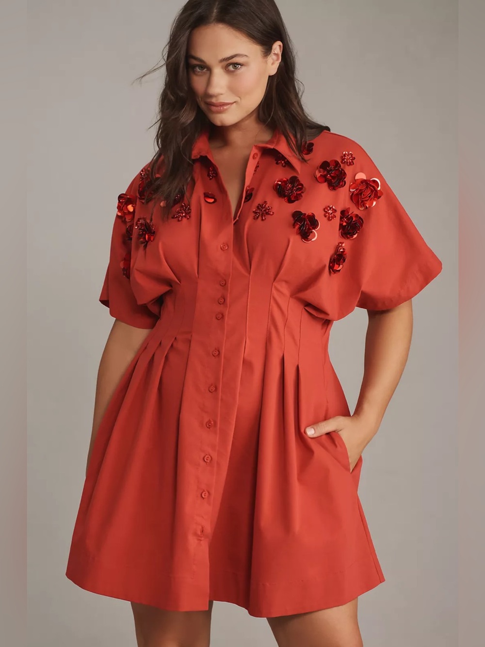 The Tobie Button-Front Pleated Shirt Dress: Sequin Mini Edition